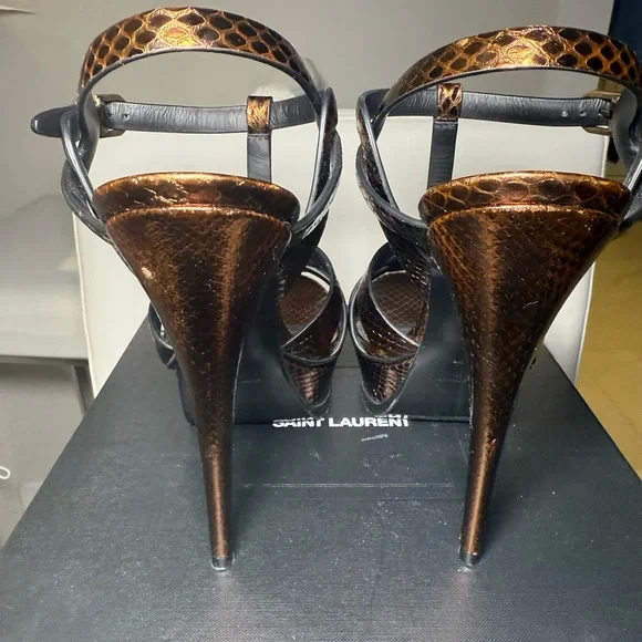 PRE-OWNED - Yves Saint Laurent Tribute Metallic Snakeskin Heel Sandals Size 39.5 - Picture 7 of 14